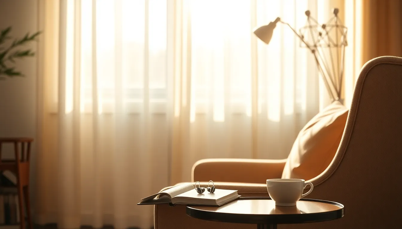 보청기를 착용한 미소 짓는 노부부, 함께 음악을 듣는 모습