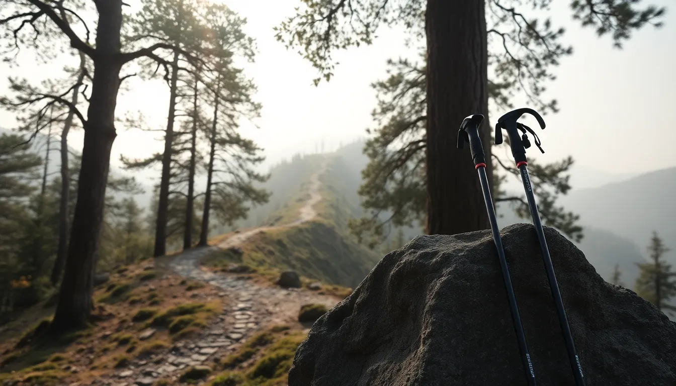 다양한 등산 스틱이 놓여있는 모습