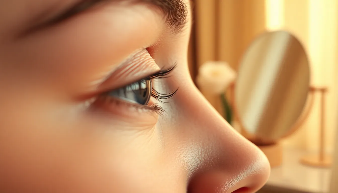 Wanita tersenyum, dengan garis lipatan mata yang jelas dan cerah